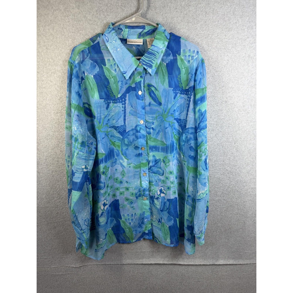Draper's & Damon's Blouse Womens XL Blue Floral Button Up Long Sleeve Top